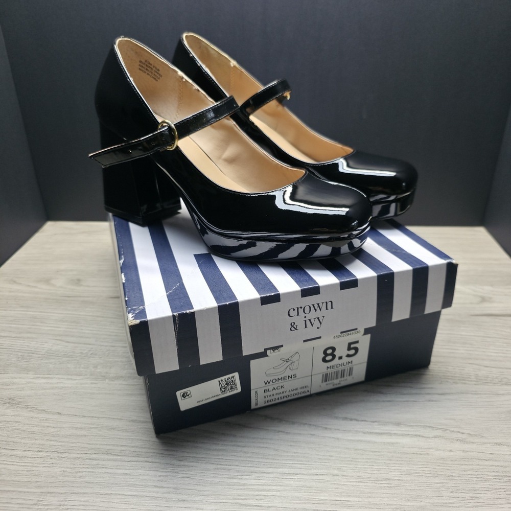 Crown & Ivy Star Mary Jane Heels Black Patent Platform Block Heel Mens 8.5